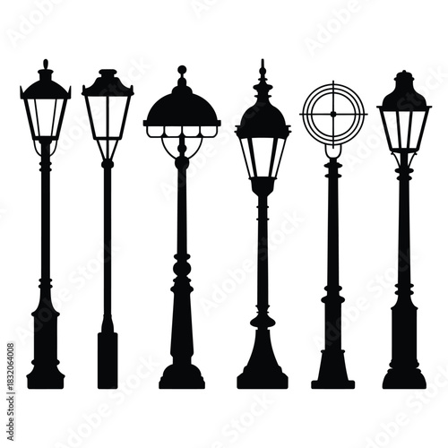 Collection of classic black street lamp silhouettes on white background