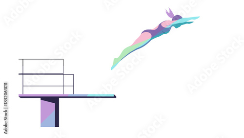Diver leaping off platform into water in vibrant abstract style  