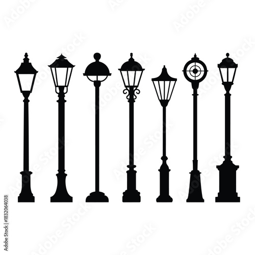Collection of vintage street lamp silhouettes on white background