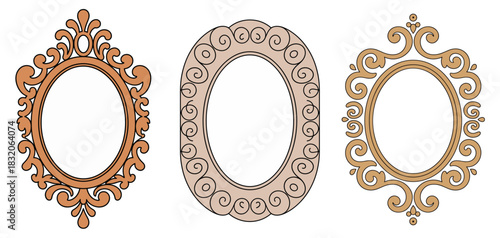 Elegant digital illustration of three vintage oval mirror frames with baroque and rococo decorative flourishes in warm terracotta, beige, and golden brown