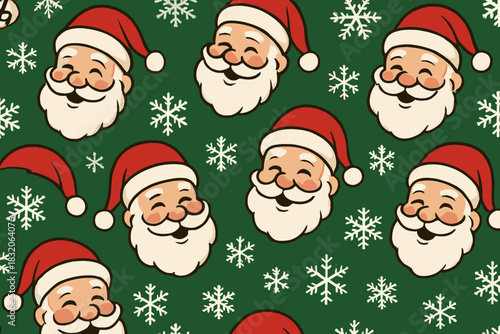 Christmas santa pattern vector: festive holiday design featuring jolly santa faces and snowflakes