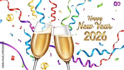 Celebrating New Year 2026 with Champagne and Colorful Confetti