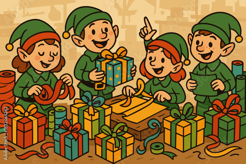 Cheerful holiday elves wrapping gifts vector | christmas celebrations, festive workshop