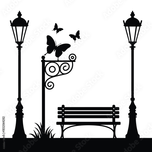 Silhouette of a park bench with lampposts and butterflies