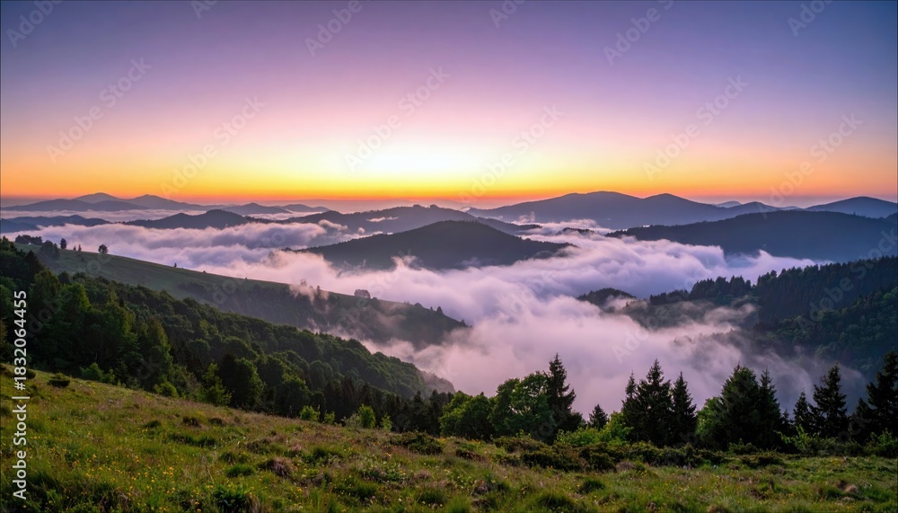 Fototapeta premium A beautiful scenic landscape of mountains with clouds and trees at sunrise. The sky is filled with vibrant colors.