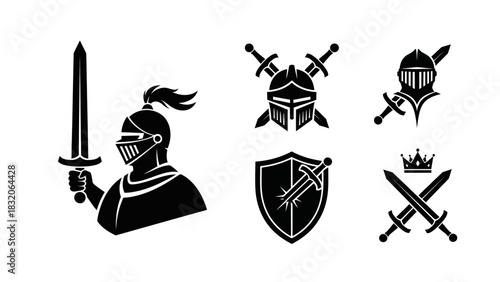 Collection of medieval knight icons featuring armor shields and swords in black and white