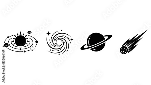 Cosmic voyage with celestial bodies: sun, galaxy, planet and shooting star minimal design