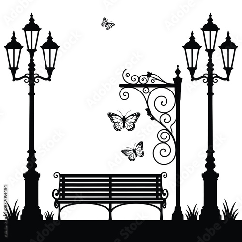 Ornate park bench with lampposts and butterflies in silhouette