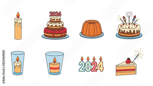 Festive 2024 New Year's Eve Celebration Food and Decorations Colorful Vector Set