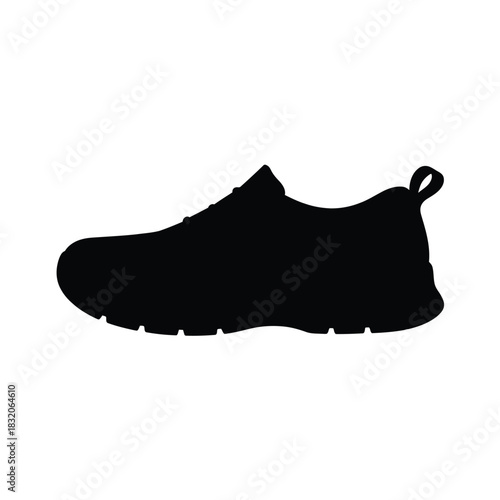 Black silhouette of a modern athletic shoe on a white background