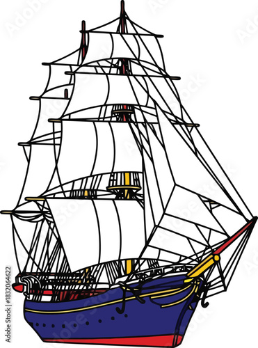Detailed Illustration of a Classic Sailing Ship with Full Sails.