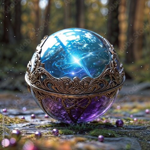 detailed magical crystal orb with luminous glow against natural blurred forest for enchanting and mystical visual projects