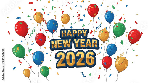 Bright celebratory balloons with streamers for Happy New Year 2026
