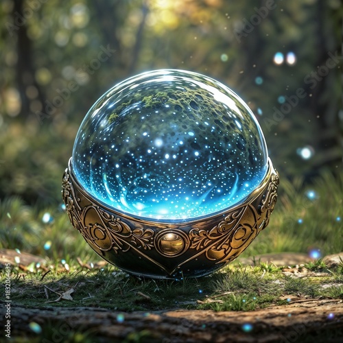 ethereal crystal sphere with intricate designs emitting soft light for use in fantasy or mystical artwork