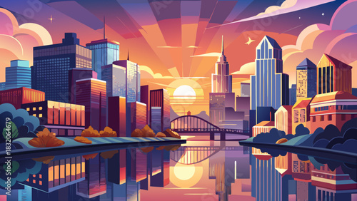 Very beautiful dawn over Nashville, Tennessee, featuring calm river reflections, modern skyline silhouettes, warm morning colors, and a peaceful urban atmosphere across the city’s waterfront.