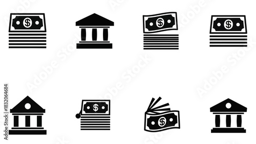Financial icons depicting money and banks with a clean and modern design concept
