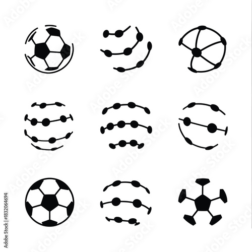 Collection of abstract soccer ball and sphere designs in black and white