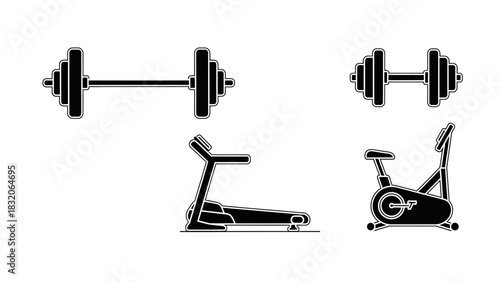 Gym equipment vector icons for fitness and wellness, featuring dumbbells, treadmill and bike