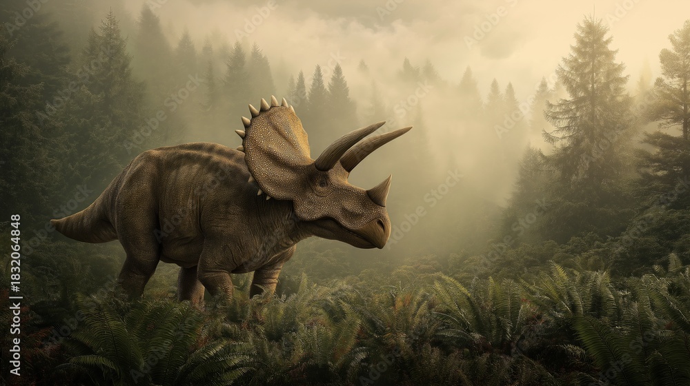 Obraz premium Triceratops in Misty Prehistoric Fern Forest