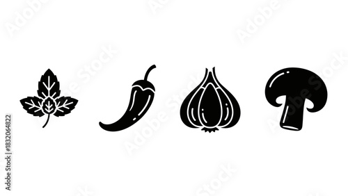 Black and white line art illustration featuring a leaf, chili, garlic, and mushroom graphic