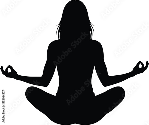 Woman in Yoga Meditation Pose Silhouette Vector Illustrating Mindfulness, Wellness, and Spiritual Practice for Health, Zen, and Balance Concepts