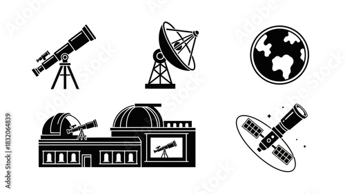 Astronomy and space exploration themed vector icons collection in black and white style