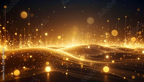 Golden glowing dots rise on vertical lines from smooth abstract waves. Futuristic luxury background resembling fiber optics or data flow.