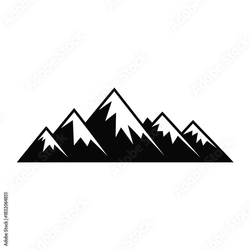 Black and white silhouette of a mountain range with snow capped peaks