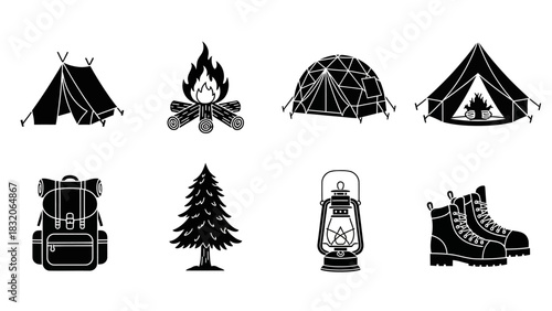 Camping and Outdoor Adventure Icons Collection Featuring Essential Gear and Nature Elements