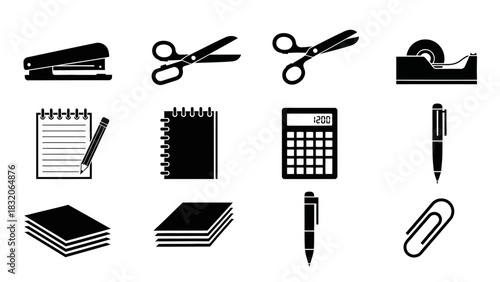 Black and white vector illustration of a collection of office and school supplies