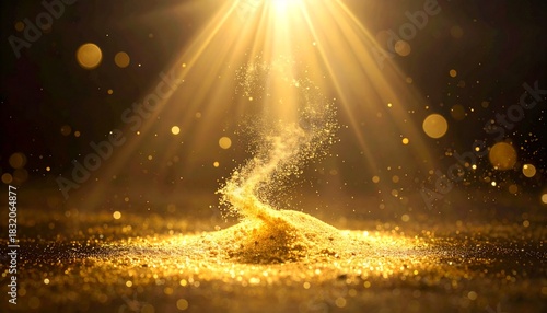 A swirl of golden glitter dust rises from a pile, pulled upwards by a strong sunbeam in a mystical dark setting.