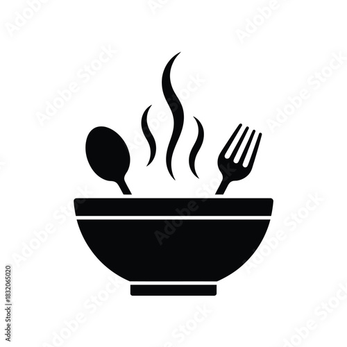 Hot food bowl with spoon and fork steam icon