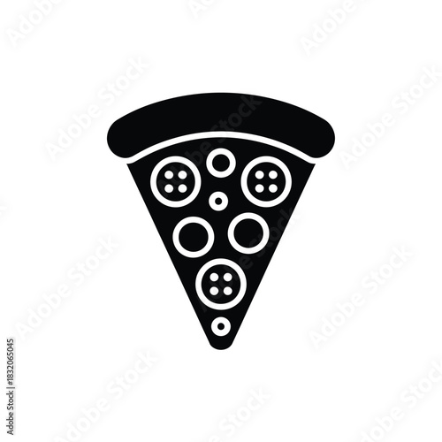 Simple black and white icon of a pepperoni pizza slice