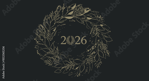 2026 Year Greeting Wreath with Laurel Leaves and Number 2026 on Dark Background