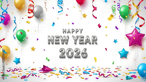 Happy New Year 2026 Celebratory Image with Balloons and Confetti.