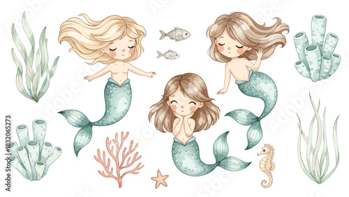 Watercolor illustration of three cute little mermaids swimming underwater with sea flora and fauna, isolated on