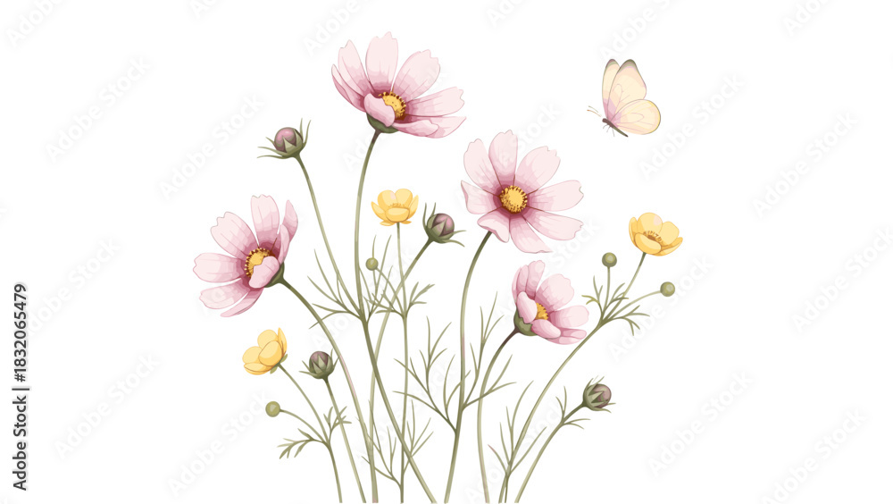 Naklejka premium Delicate watercolor illustration of pink cosmos flowers and small yellow blossoms with a single butterfly, isolated on