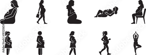 Collection of pregnant women posing in various seated and standing silhouette positions