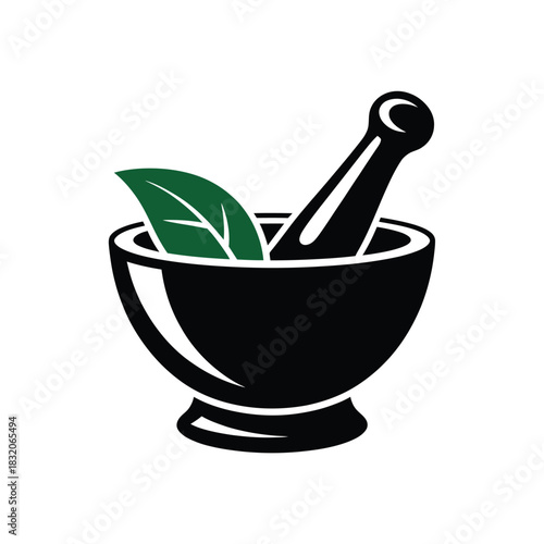 Mortar and pestle with green leaf symbolizing natural medicine