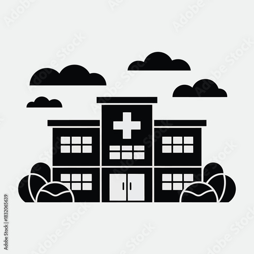 Modern hospital building with medical cross and clouds