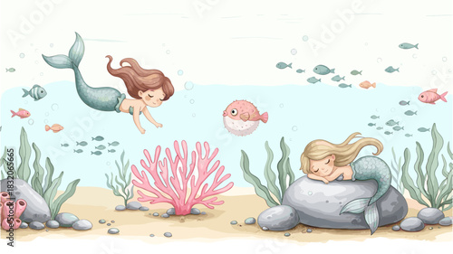 Cute watercolor illustration of two mermaids swimming and resting underwater with fish and coral on the seabed for childrens design