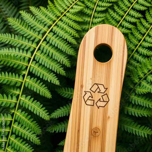 Eco-friendly bamboo utensil with recycled symbol surrounded by green ferns showcasing sustainable living