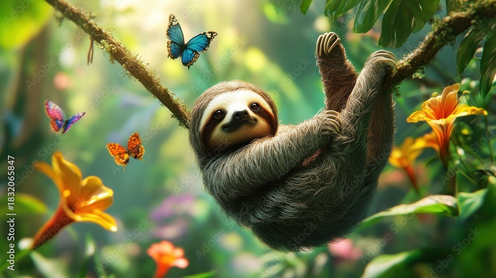 Obraz premium Sloth hanging from a branch surrounded by flowers and butterflies