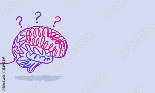 A hand-drawn illustration of a brain in a purple color combination with question marks above it, arranged on a light blue background with open space on the right side for design or text placement