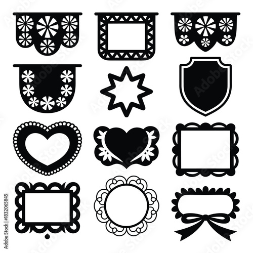 Collection of decorative black and white ornate frames and borders