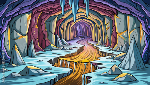 deep cavern with glossy wet stones, narrow passages, dripping walls, and strong shadows forming an intense mysterious underground environment