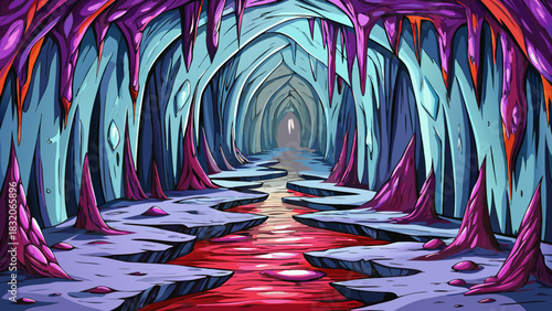 deep cavern with glossy wet stones, narrow passages, dripping walls, and strong shadows forming an intense mysterious underground environment