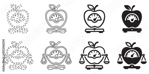 Illustrations of apples on scales, showing different levels of detail and complexity.