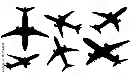 Group of various black airplane silhouettes viewed from different angles top side and perspective representing air travel aviation transportation and global journey concepts