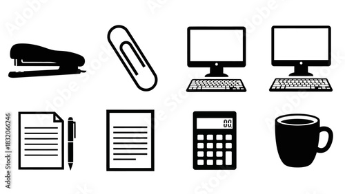 Collection of black and white vector icons representing common office and desktop items like stapler paperclip computers documents calculator and coffee cup for business or administrative use